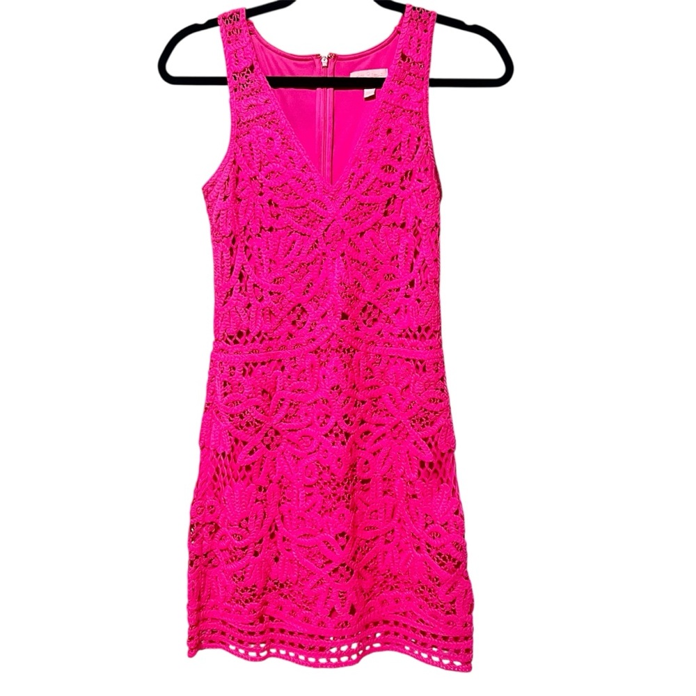 Lilly Pulitzer Astrid Crochet Shift Mini Dress in Pop Pink Size X-Small Hot Pink - Picture 2 of 13